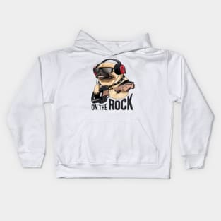 Pug dog on headphone playing guitar Kids Hoodie